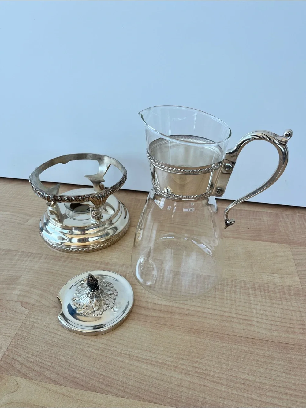 Vintage Silver-Plate Glass Pitcher with Ornate Handle & Warmer Base. Excellent!